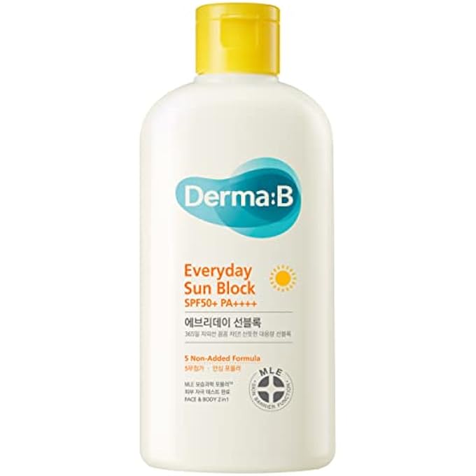 derma b واقي شمس يومي بحجم كبير واقي شمس SPF50+ PA++++ 6.71 أونصة سائلة، 200 مل مرطب خفيف الوزن سريع الامتصاص SPF، للوجه والجسم غير لزج لبشرة رطبة، لوشن حماية كوري - Image 1